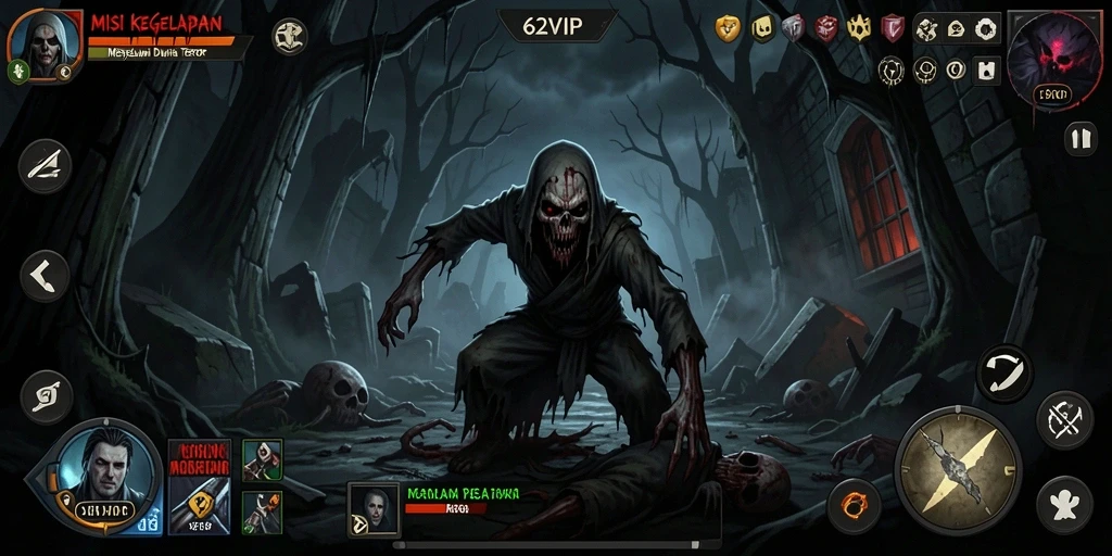 Tampilan gameplay <strong>62VIP</strong> dalam suasana mencekam dan menyeramkan.