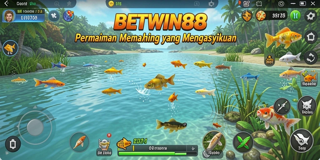 Screenshot utama BETWIN88 menampilkan aksi seru memancing di lautan yang indah.