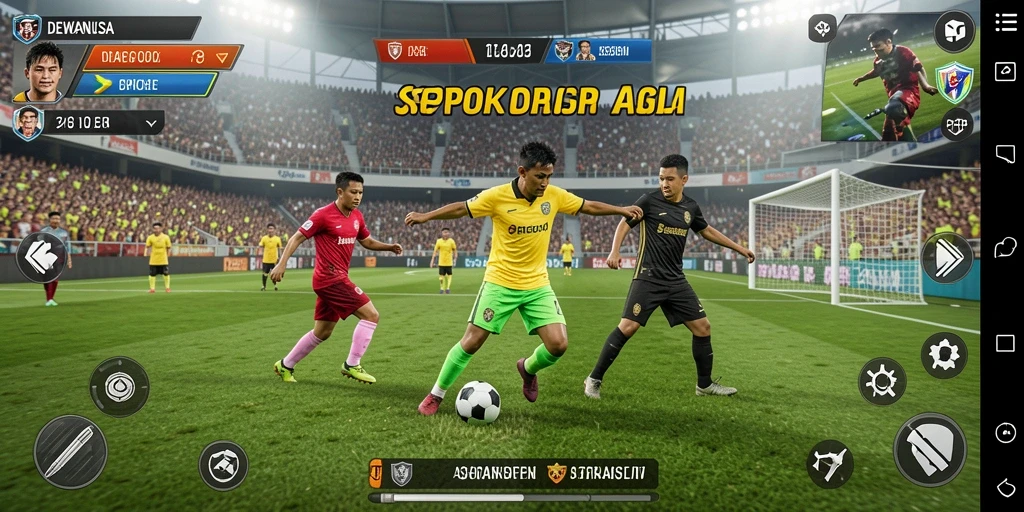 Tangkapan layar gameplay DEWANUSA yang menunjukkan aksi sepak bola seru.