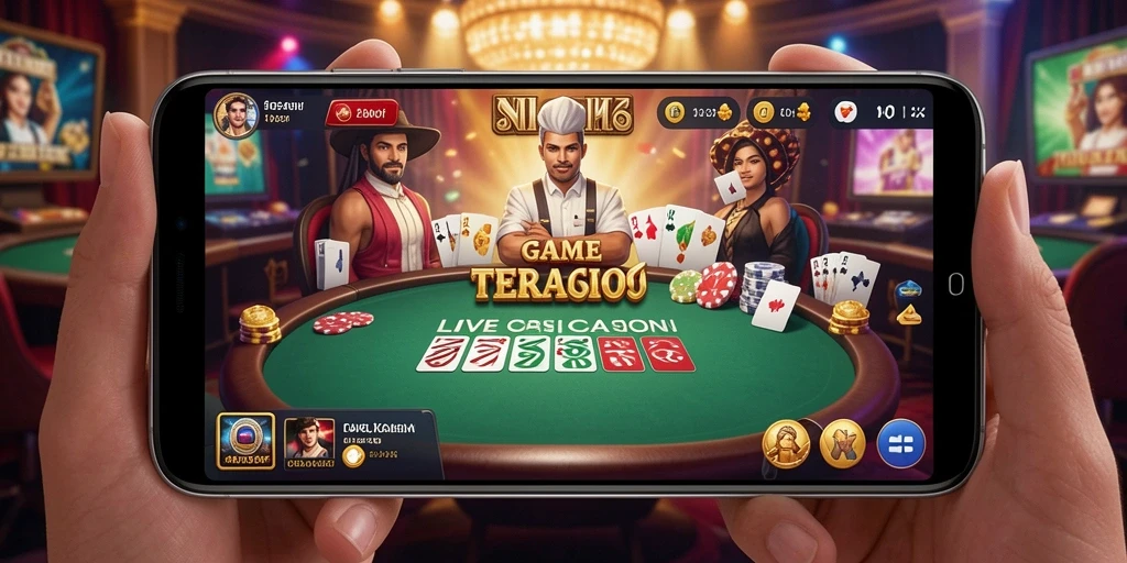 Screenshot gameplay FO8 yang menunjukkan dealer langsung dan suasana kasino.