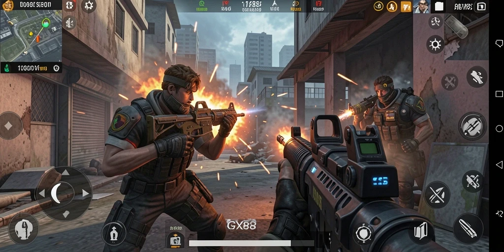 Gameplay GX88 dengan aksi tembak-menembak yang mendebarkan.