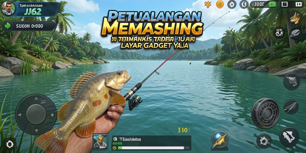 Tampilan gameplay JJ62 yang seru saat menangkap ikan di lokasi indah.