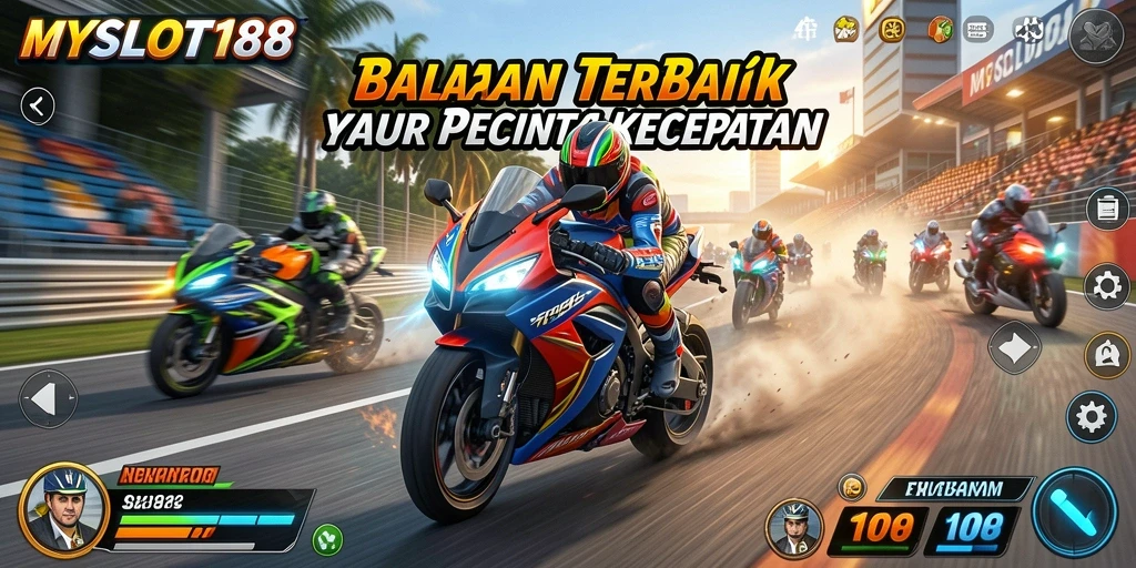 Screenshot utama MYSLOT188 menampilkan balapan motor yang cepat dan mendebarkan.