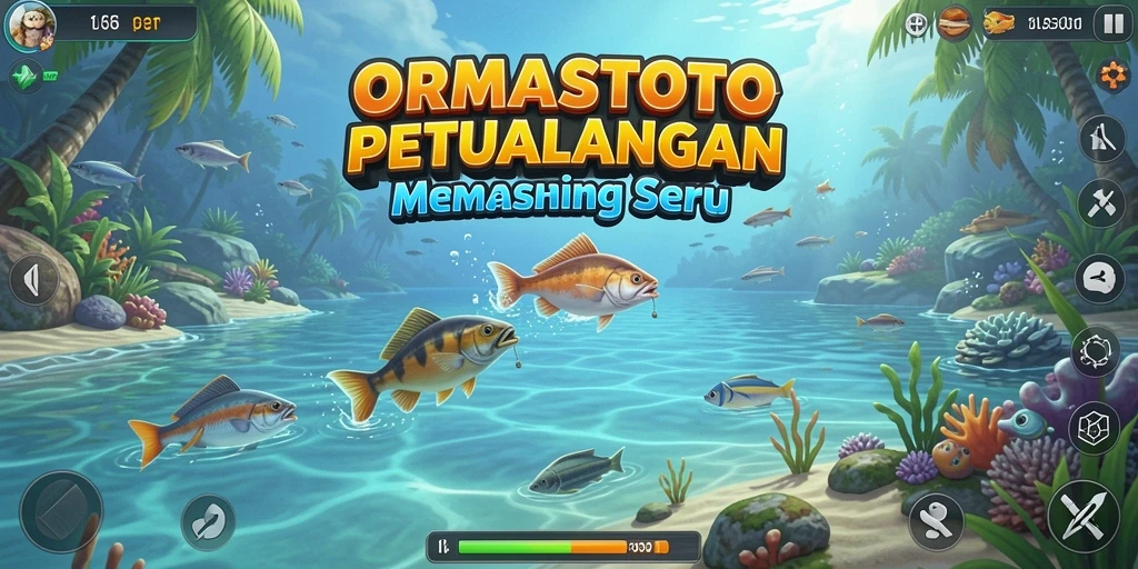 Screenshot gameplay ORMASTOTO menampilkan aksi memancing yang mendebarkan.