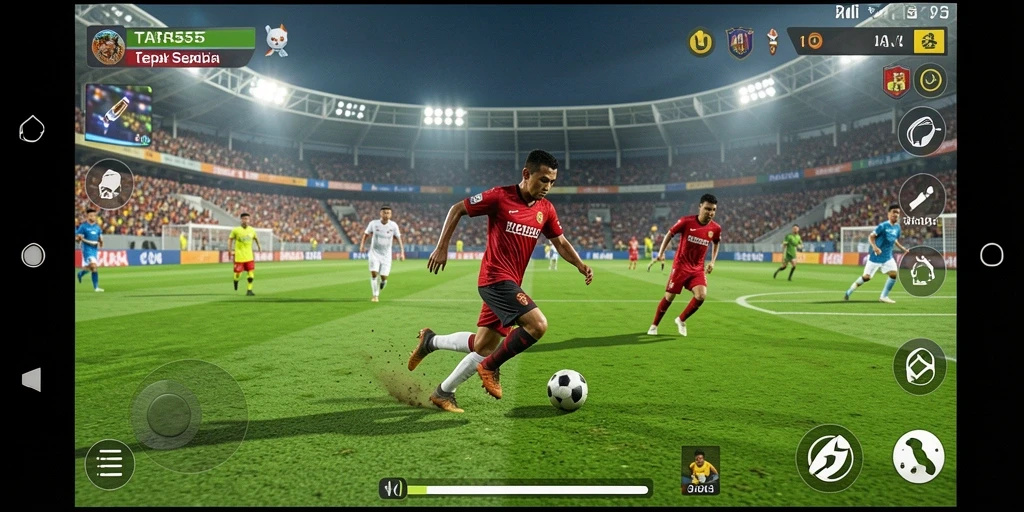 Screenshot gameplay TAR555 yang menunjukkan aksi sepak bola yang mendebarkan.