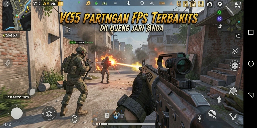 Screenshot utama menunjukkan aksi intens dalam gameplay FPS VC55.